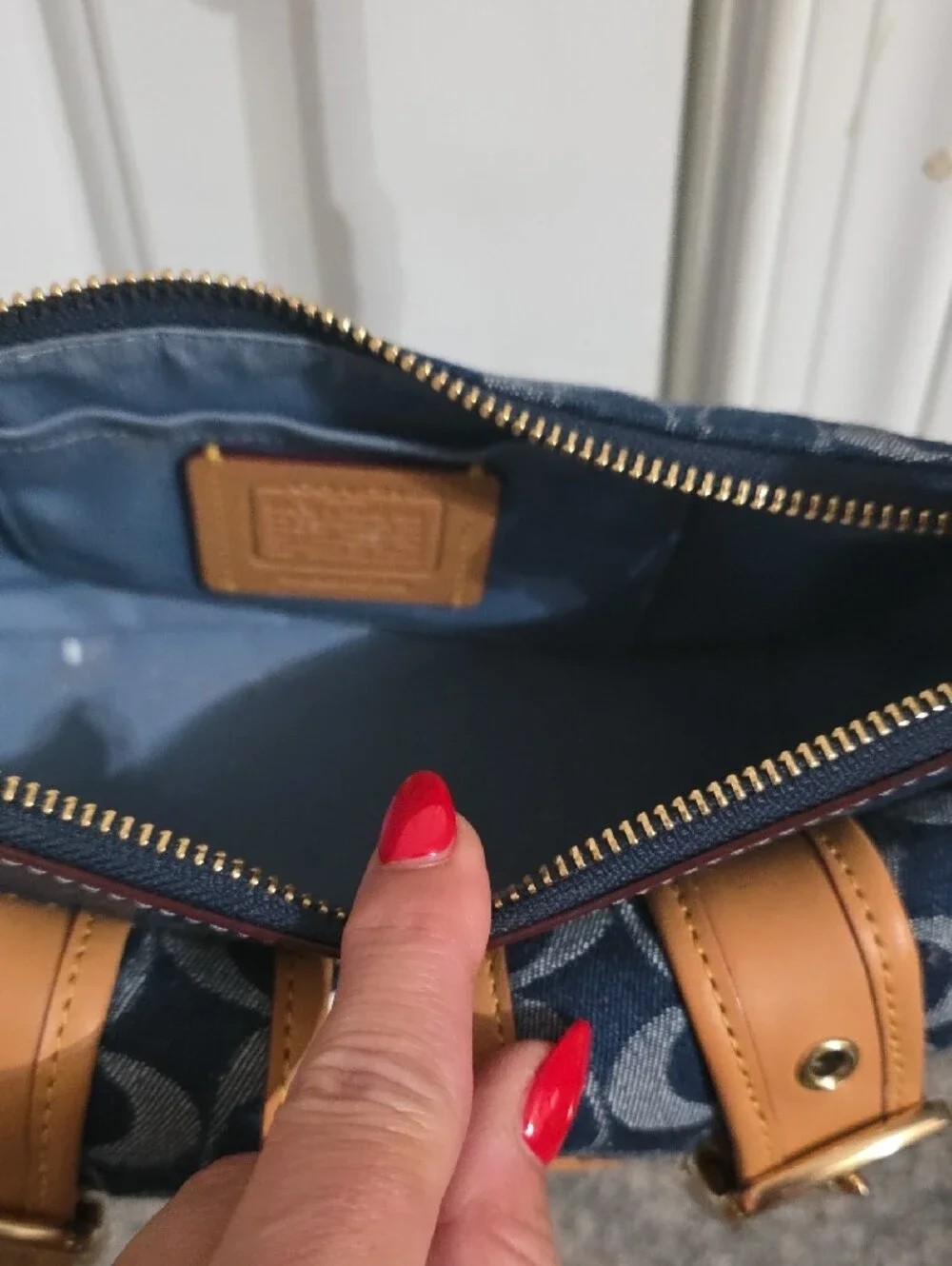 Coach Navy Signature Denim Crossbody with Tan Leather Trim